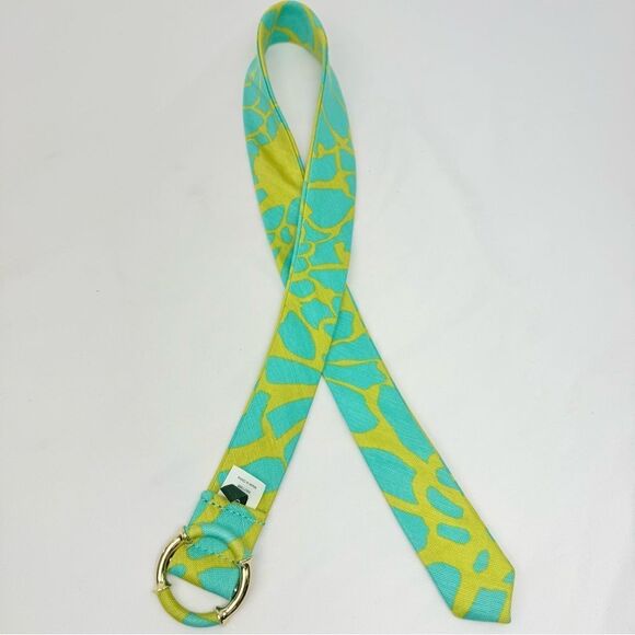 J. Crew Teal Lime Linen Abstract Print Gold Tone Buckle  Adjustable Fabric Belt - Picture 8 of 12
